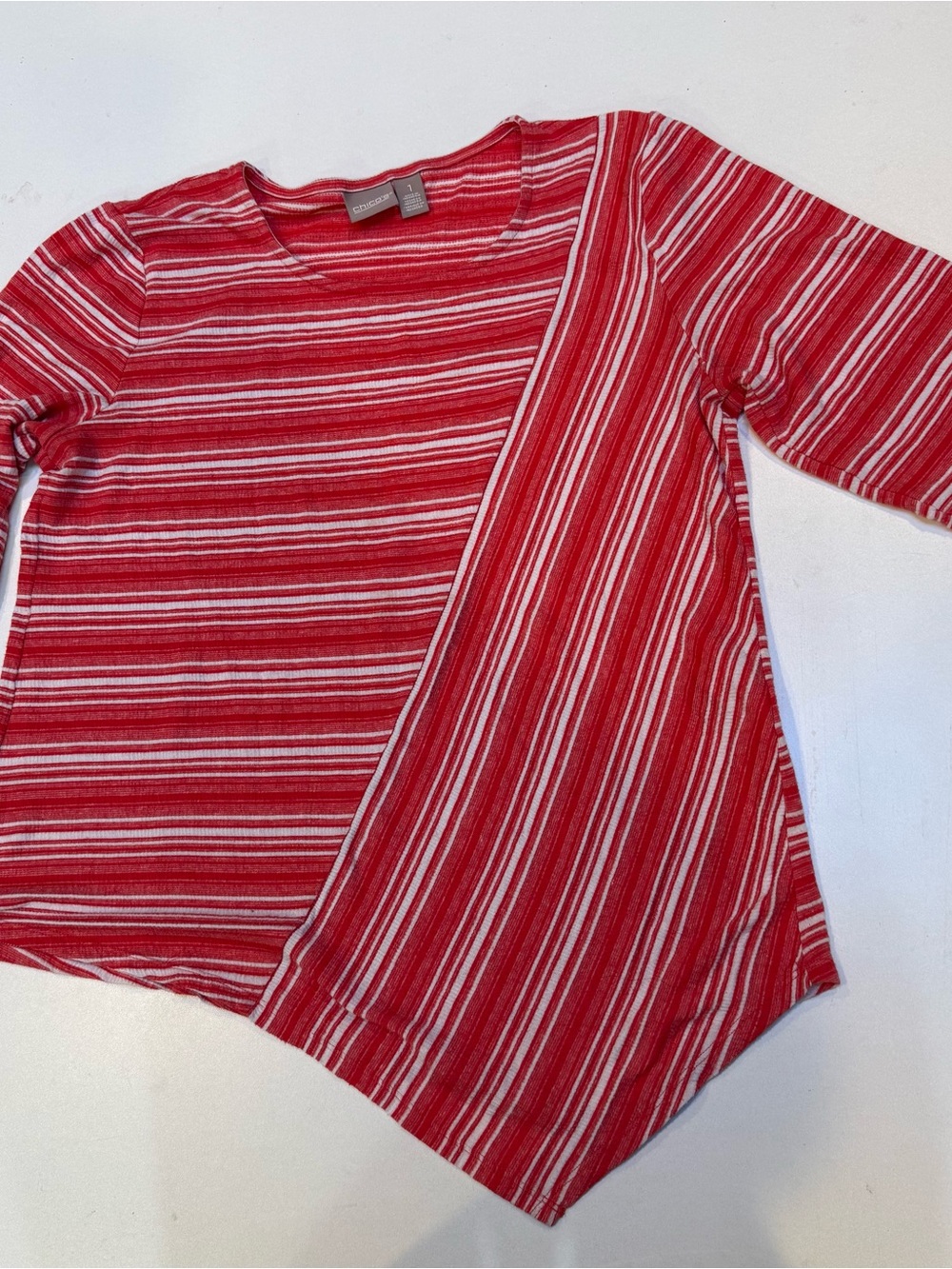 Chico's Red and White Striped Asymmetrical Hem Top
